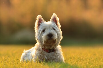 Westie. West Highland White terrier lying on the grass. Portrait of a white dog.