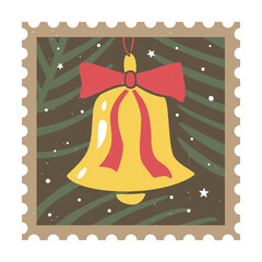 Cozy Christmas postage stamp. Cute glass bell with bow hanging on spruce branch. Vector shabby hand drawn illustration