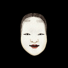 小面 女性　能 能面 狂言　水彩 イラスト 黒背景
