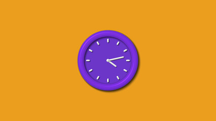 Amazing purple color 12 hours 3d wall clock isolated on orange color background, Counting down wall clock,3d cock isolated