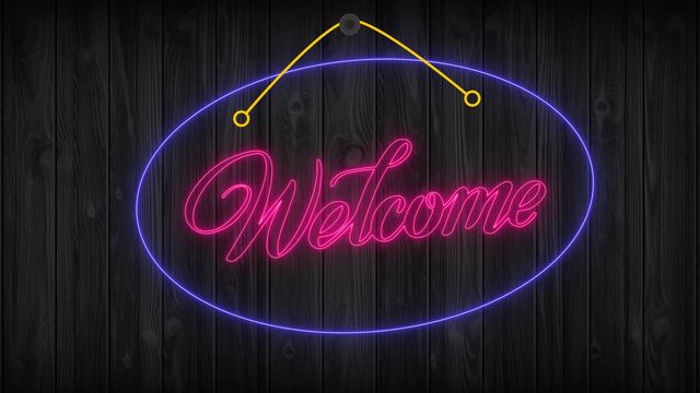 neon welcome sign, animated colorful lights,welcome neon sign on wooden wall background