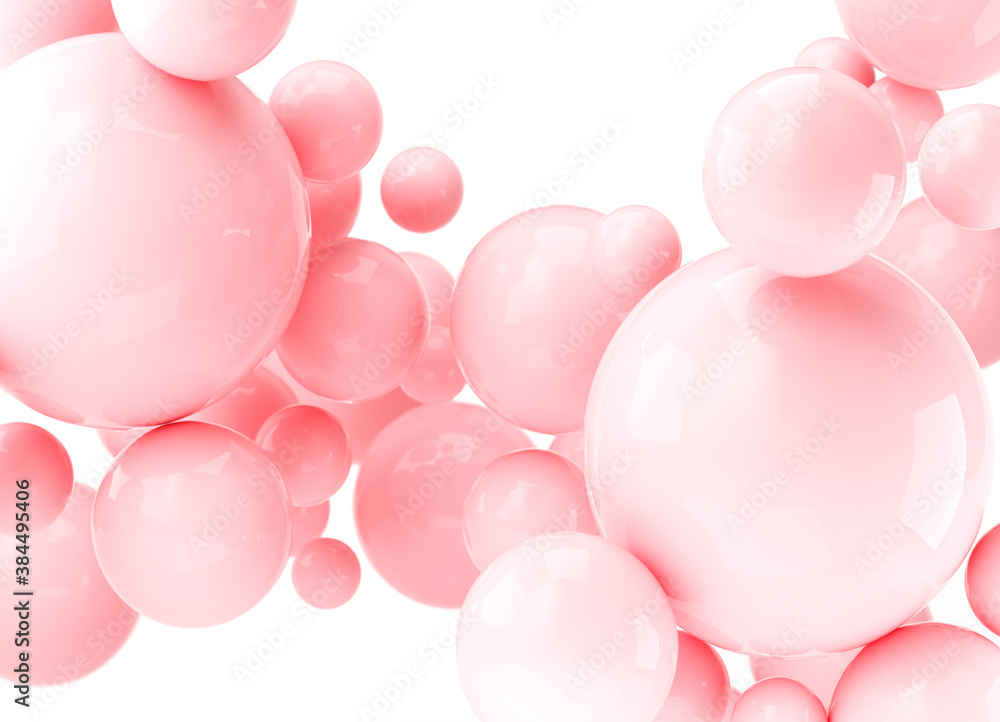 Poster 3d rendering abstract realistic balls, pink bubbles. dynamic 3d spheres on white background