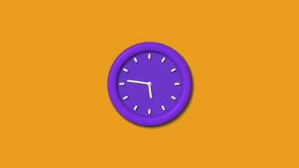 Purple color 12 hours 3d wall clock isolated on orange color background,3d wall clock,clock isolated