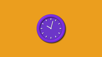 Amazing purple color 3d wall clock isolated on orange background, 12 hours wall clock