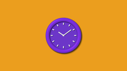 Amazing purple color 3d wall clock isolated on orange background, 12 hours wall clock