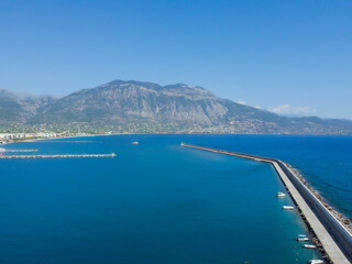 Aerial view of Kalamata port at daylight, one of the biggest ports in Peloponnese, Greece