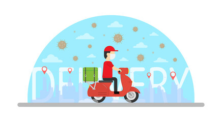 Covid-19. Coronavirus. Safety delivery. Delivery man ride motorcycle. City scape surround by virus icon. Medical concept. Cargo business. Transportation concept. 