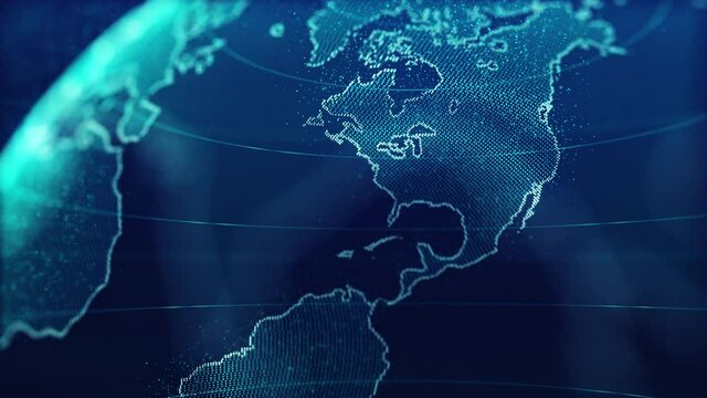 Planet Earth on digital and technology rotating 3d animation, Futuristic hologram with tracking camera motion scene, abstract global business concept, design for interlude or presentation.
