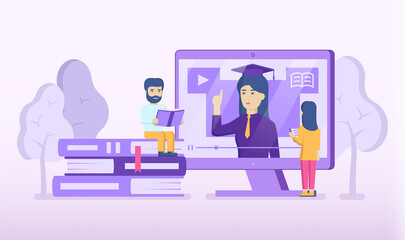 Flat design concept of online course, education and learning. Home schooling. Vector illustration in flat style.