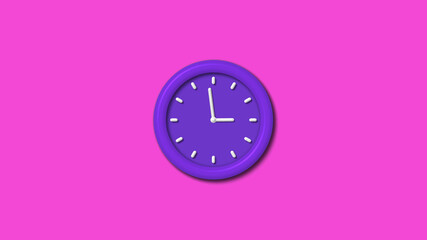 Amazing purple color 12 hours 3d wall clock isolated on pink background, Counting down wall clock