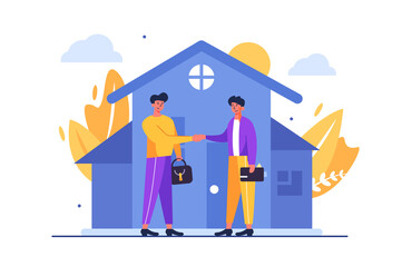 Two guys making a deal through handshake to buy a house isolated on white background, flat vector illustration