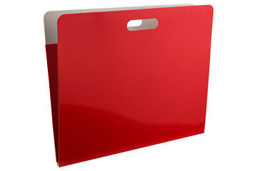 big red office folder, for drawings or documents, folder ajar, on a white background