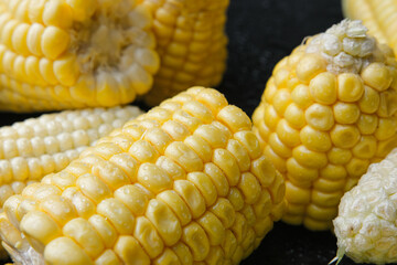 Fresh raw sweet corn cobs on black background