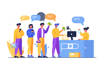 Crowd of people using gadgets waiting in line at checkout in supermarket isolated on white background, flat vector illustration