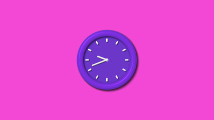 Purple color 3d wall clock isolated on pink background,12 hours 3d wall clock