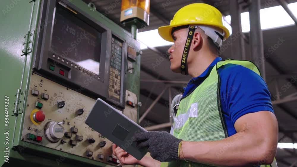 Poster smart factory worker using machine in factory workshop . industry and engineering concept.