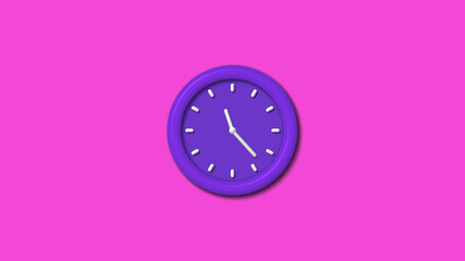 Purple color 3d wall clock isolated on pink background,12 hours 3d wall clock