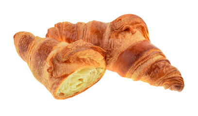 Fresh tasty croissants with slice on white background.