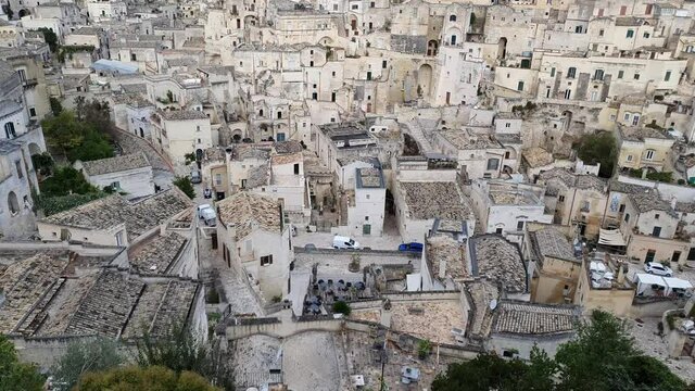view of the sassi of Matera city located on a rocky outcrop in Basilicata