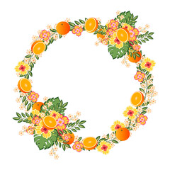 Botanical wedding invitation card, vintage , template frame design of orange, citrus fruit, flowers and leaves, blossom illustration. Vector trendy cover, graphic poster, brochure