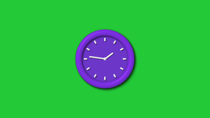 Amazing purple color 12 hours 3d wall clock isolated on green background, Counting down wall clock