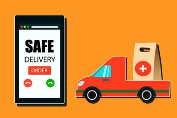 Safe delivery at home during coronavirus epidemic delivery medicines. Delivery home and office. City logistics. Suitable for web landing page, ui, banner. Vector illustration