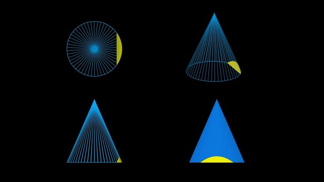 Flat plane reveals sliced view intersection inside conic geometry . Hyperbola with cross sectional views , slices. 3d animation rendering