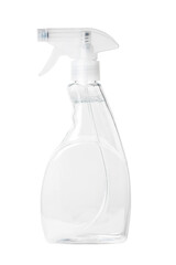Isolated side view of the clear spray bottle with a clear liquid inside with clipping path. - obrazy, fototapety, plakaty