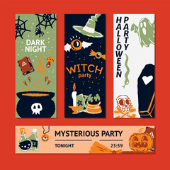 Halloween party promo sale social media banner template with magic elements. Cauldron with potion, magic hat, bat, skull, candle, pumpkin, magic ball, cards, ghost. Poster, banner, special offer.