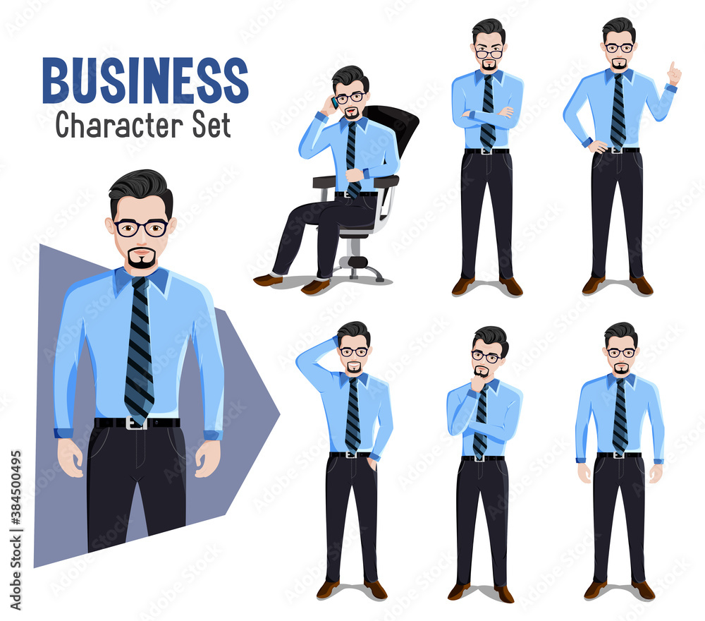 Poster businessman character vector set. business man manager characters in sitting and standing pose and g