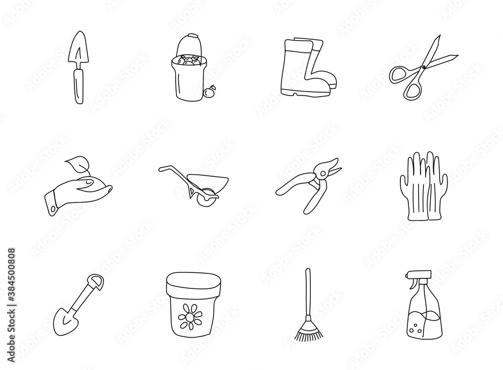 Poster garden hand drawn linear vector icons isolated on white background. garden doodle icon set for web a