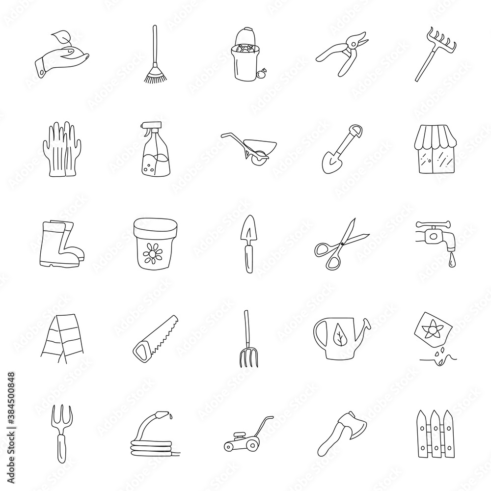 Poster garden hand drawn linear doodles isolated on white background. garden icon set for web and ui design