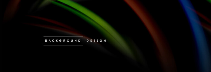 Dynamic motion abstract background. Color blurred stripes on black. Wave liquid lines poster. Vector illustration
