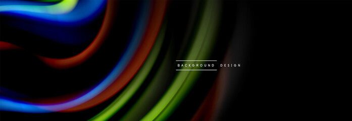 Dynamic motion abstract background. Color blurred stripes on black. Wave liquid lines poster. Vector illustration