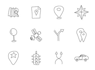 navigation hand drawn linear vector icons isolated on white background. navigation doodle icon set for web and ui design, mobile apps and print products