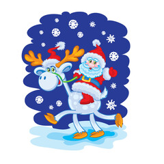 santa claus riding a reindeer, postcard, isolated object on white background, vector illustration,