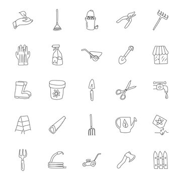 garden hand drawn linear doodles isolated on white background. garden icon set for web and ui design, mobile apps and print products