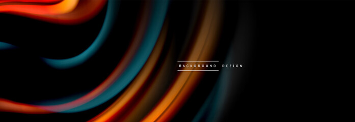Dynamic motion abstract background. Color blurred stripes on black. Wave liquid lines poster. Vector illustration