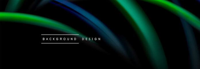 Dynamic motion abstract background. Color blurred stripes on black. Wave liquid lines poster. Vector illustration