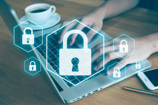 concept cyber security internet, user writing password on computer. data protection from hacker, digital crime for background