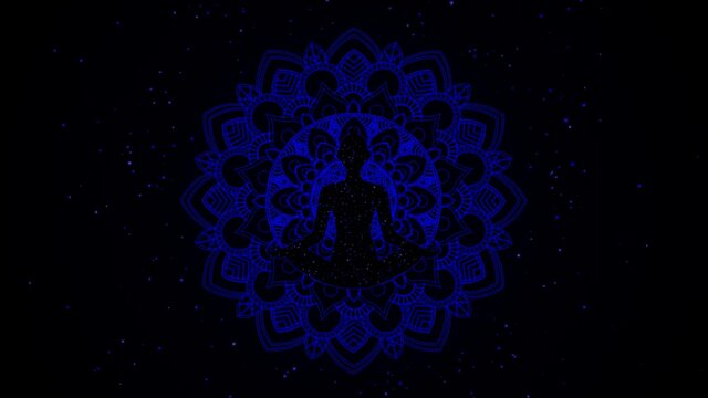 chakra concept with mandala and focal points vector,blue particles and stars,animation background,Buddha silhouette