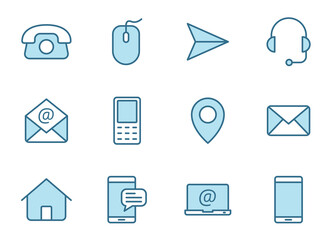 contact us linear vector icons in two colors isolated on white background. contact us blue icon set for web design, ui, mobile apps and print