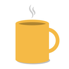 yellow cup of tea or coffee with steam and shadow color flat vector illustration isolated on white background.