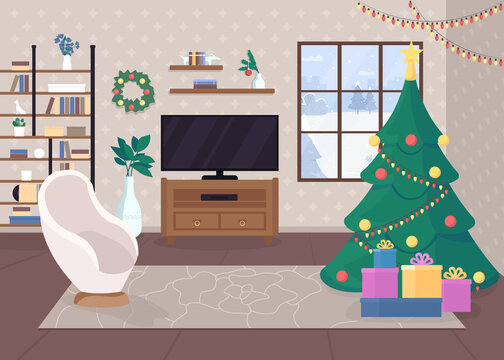 Modern christmas house inside flat color vector illustration. Traditional merry atmospere. Holiday time. Decorated tree with lights. Winter 2D cartoon interior with snowy forest hills on background