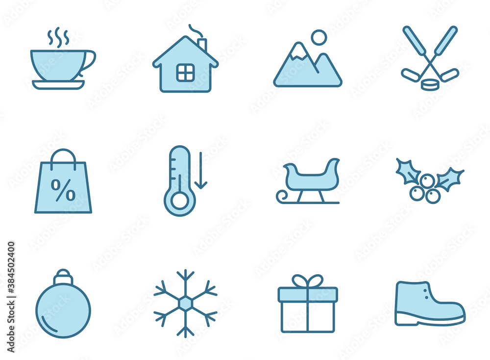 Poster winter line vector icons in two colors isolated on white background. winter blue icon set for web an