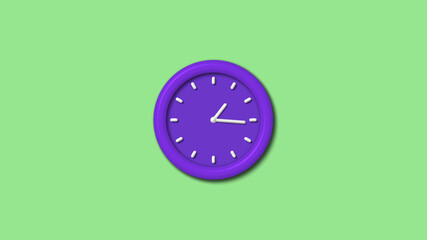 Best purple color 3d wall clock isolated on green light background,12 hours wall clock