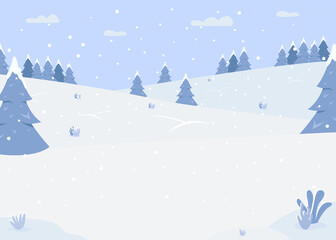 Snowy forest hills flat color vector illustration. Zone for outdoor activities. Road for sledging. Beautiful snow area. Christmas season. Winter 2D cartoon landscape with snowfall on background