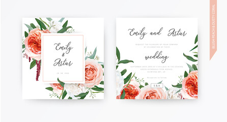 Vector watercolor wedding floral invite, invitation design: blush peach, ivory white roses, pale coral Juliette flowers, burgundy amaranth, eucalyptus greenery leaves wreath. Trendy & stylish template