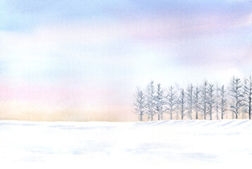 優しいイメージの冬の景色　水彩画