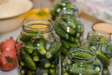 Cucumbers in a jar. Pickle cucumbers. Dill with garlic in a jar. Preparation for the winter. Canned vegetables. Autumnal vegetable.